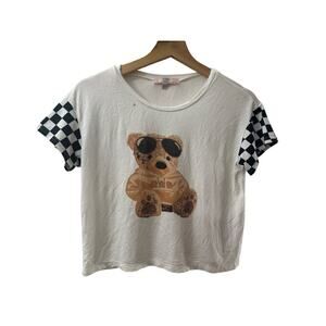 NO BRAND Cute Teddy Bear Crop Top w Checkered Sleeves Relax SIZE XL GIRLS US 4 6